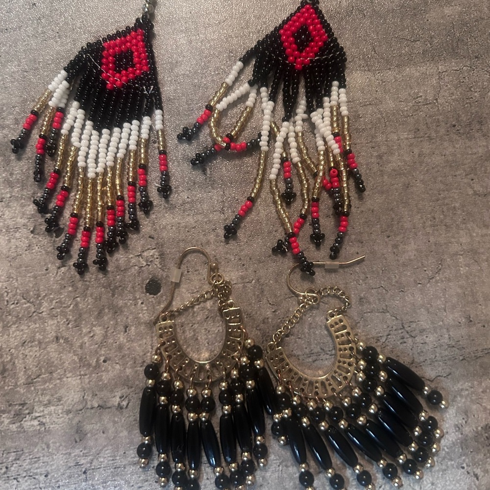 2 Pair New Boho Beaded Fringe Earrings - Black, Red, White & Gold